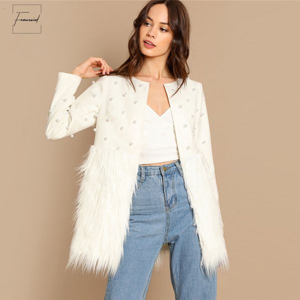 

jacket v neck pearl embellished coat women white autumn elegant ladies outerwear womens fashion patchwork faux fur coats, Black;brown