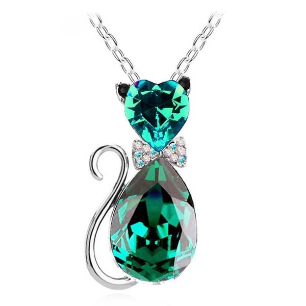 

pretty crystal cat necklace women heart crystal jewelry clavicle chain necklace cute cat pendant chain austrian crystal necklace, Silver