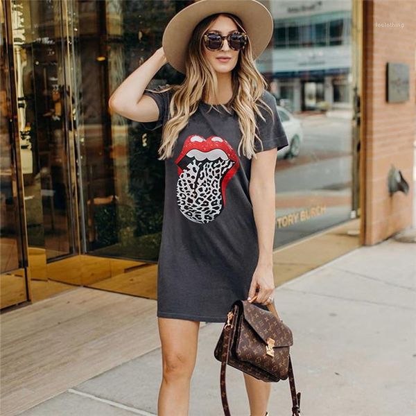 

lip печать tshirt летнее платье конструктора с коротким рукавом свободные талии юбка женщины вскользь средние платья женщин, Black;gray