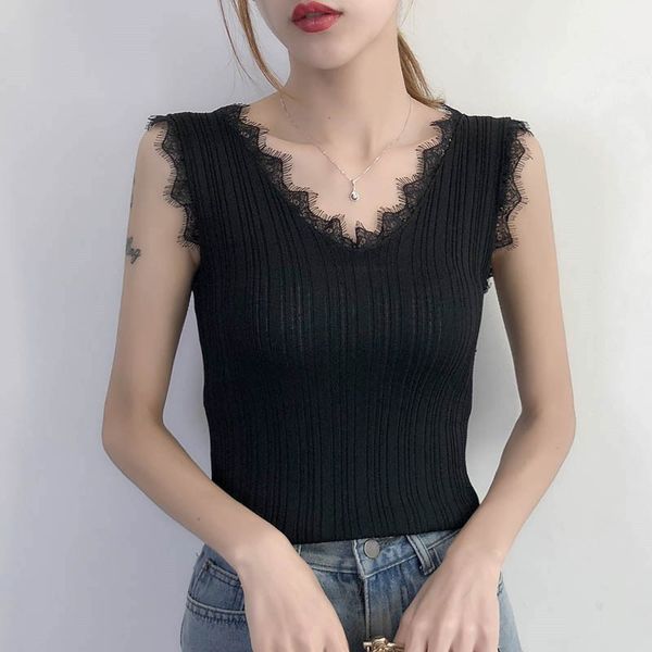 

spring and summer new style large size knit camisole lace v-neck ladies vest temperament fashion bottom vest, White