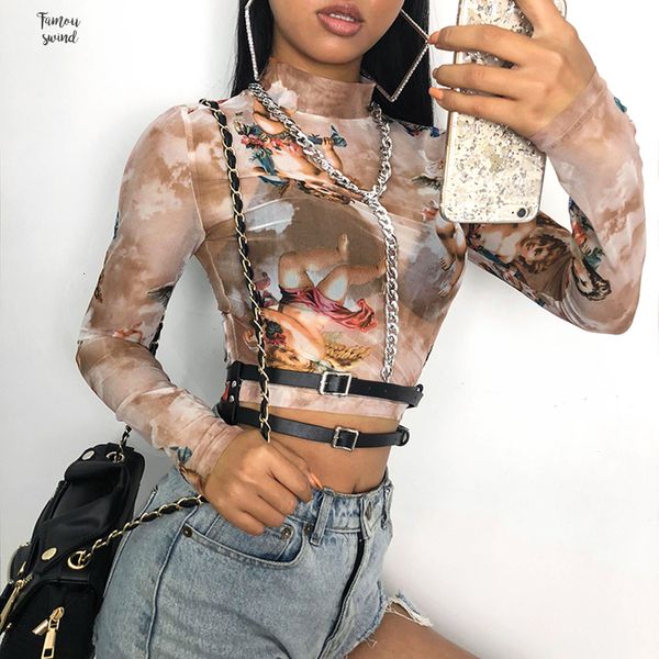

printed tshirt mesh long sleeve crop casual women turtleneck women korean style short tee shirt femme streetwear, White