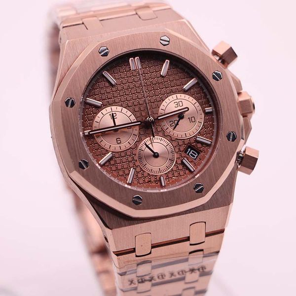 

outdoor quartz chronograph mens watch watches rose gold wristwatches solid case back 41mm red dial with a stainless steel bracelet, Slivery;brown