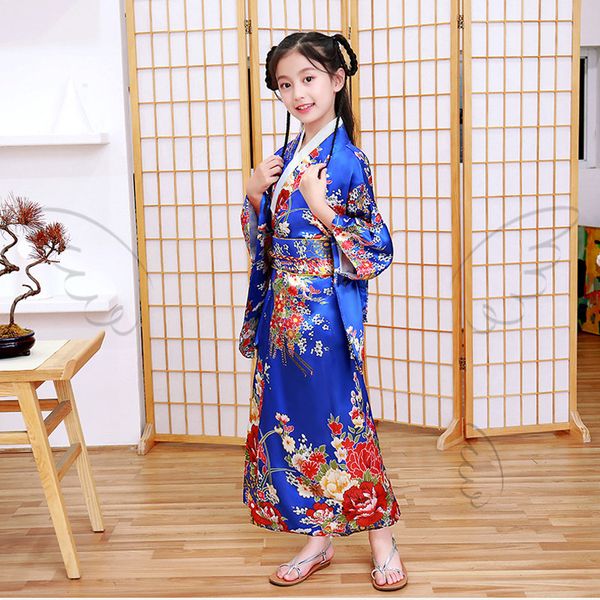 

japanese national style young girls kimono yukata with obi dance dress gown vintage print floral stage show clothing cosplay, Red