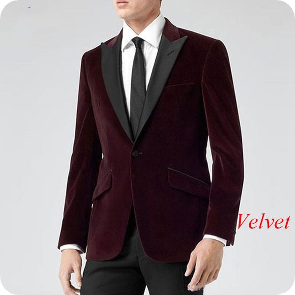 

burgundy velvet groom tuxedos men suits wedding smoking jacket black peaked lapel 2piece groomsmen suits pants blazer slim fit costume homme, Black;gray