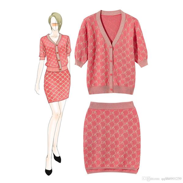 

2020 summer new v-neck a fashion ladies style gold line plaid knit + half skirt 2 sets womens clothing party dresses cardigan size s-l, White