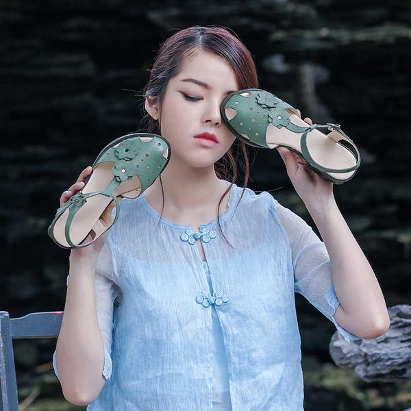 

anance 2020 new small fresh fashion retro round head breathable belt flower t belt genuine leather ladies heel sandals hip, Black