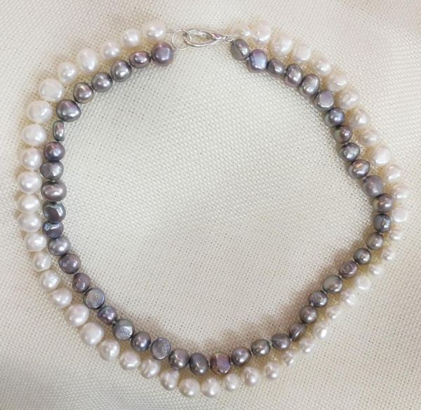 

2 rows 11mm white 9mm gray flat baroque pearl necklace real natural freshwater pearl women jewelry 43cm 17, Silver