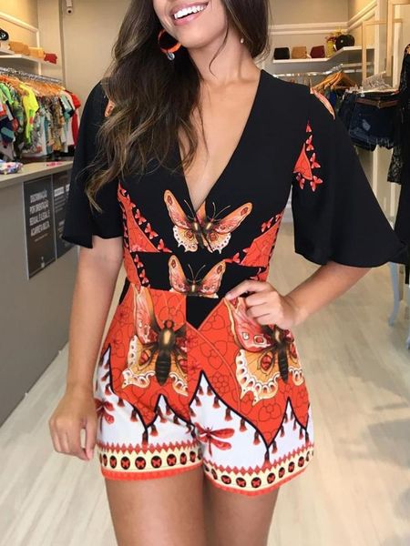 

2019 summer women elegant vacation holiday leisure playsuit female colorful jumpsuits v-neck bell short sleeve print romper, Black;white