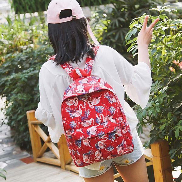 

1 pc flamingo printed backpack girl cartoon canvas book school bag handbag large capacity women travel backpack satchel dropship