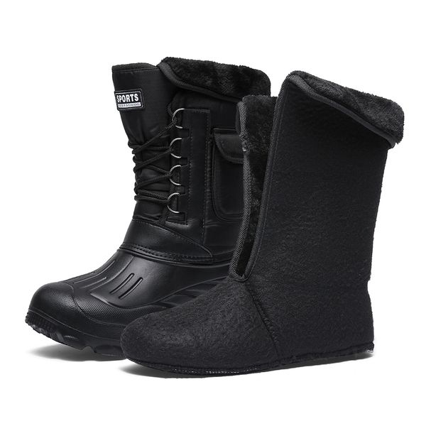 

mens walking shoes men boots with fur warm plush mid-calf snow boots man work fishing rain shoes waterproof camouflage footwear, Black