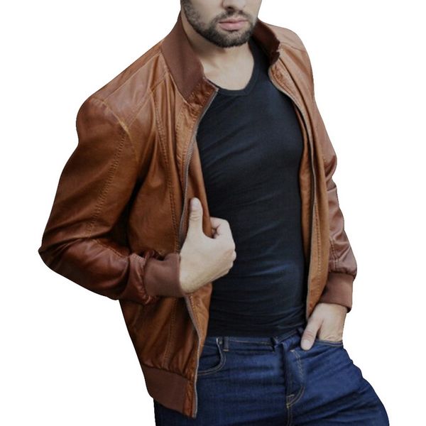 

2019 autumn mens zipper front o neck leather jacket streetwear new casual motorcycle coats solid slim jackets male plus size 5xl, Black