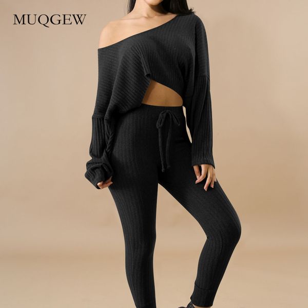 

2pcs women off shoulder crop long sleeve tracksuit +elastic waist skinny pants sets sportwear lounge wear casual suit, Gray