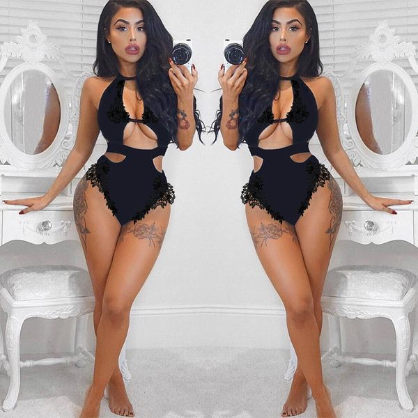 

2020 designer lingerie hollow models europe and america ms. lingerie gauze perspective leotard printing, Black;white