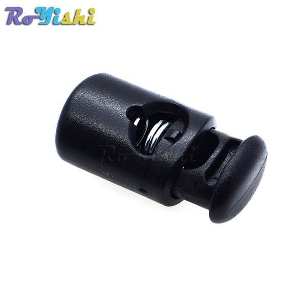 100 pçs/lote Cord Lock Stopper Barrel Plastic Spring Toggle Black 28mm*14.5mm*11mm Para Bolsas/Vestuário