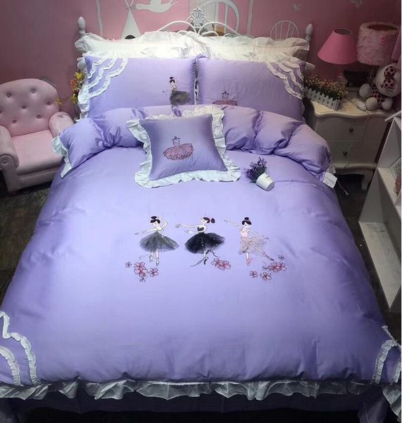 Purple Pink Ballet Girl Princess Embroidery Egyptian Cotton