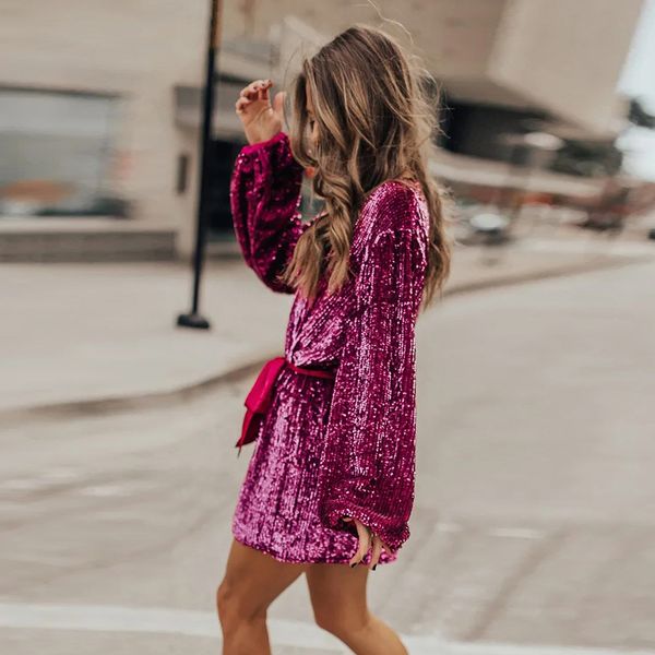 

ins блестки блеск платье зима новая европейская версия глубокий v-образным вырезом с длинными рукавами wrap шнуровке мини юбка продажи, White;black