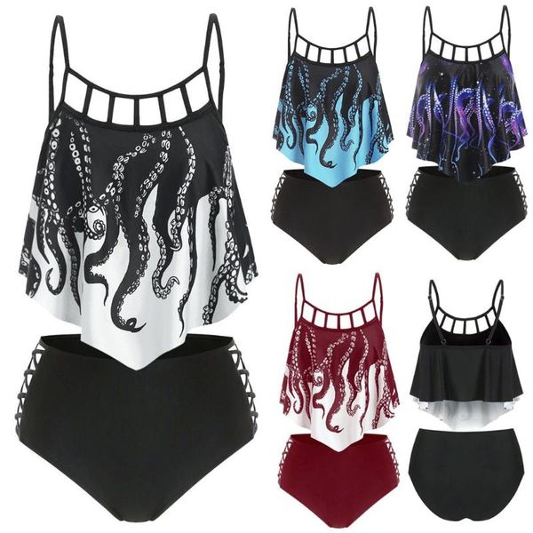 

bikinis set fashion women's swimming suit bikini swimsuit women push-up padded overlay print flounce crisscross tankini swimwear