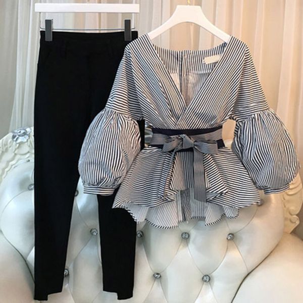 

plus size casual women lantern sleeve shirts 2 pieces sets elegant ladies striped pants suit new and split pencil pant suit, White