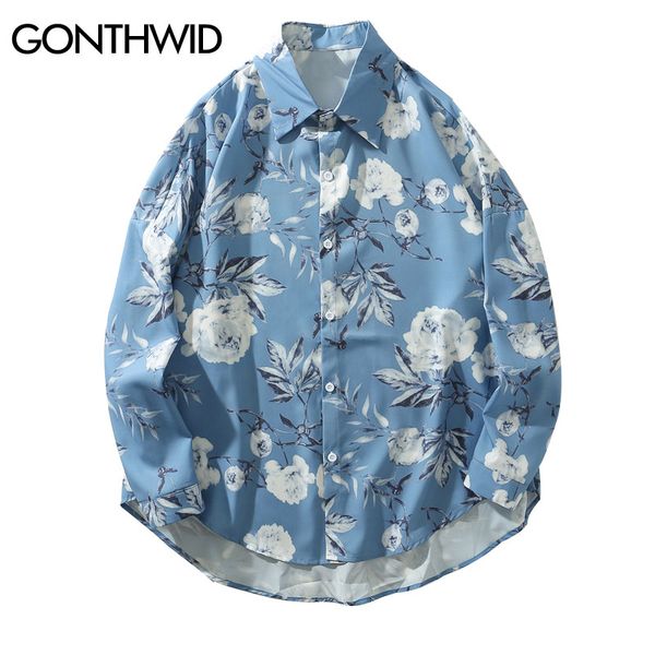 

gonthwid flowers print long sleeve dress shirts men harajuku casual button down shirt fashion hip hop hipster streetwear, White;black