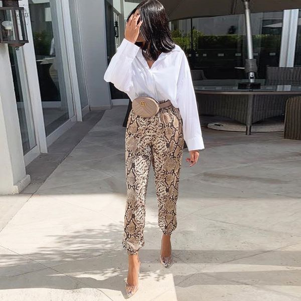 

snakeskin women print pencil pants animal drawstring pattern elastic waist tie ankle length trousers pantalones mujer, Black;white