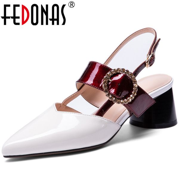 

fedonas cow patent leather spring summer rhinestone slip on women pumps sweet party wedding point toe thick heeled shoes woman, Black