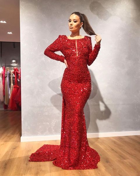 

Красного Sequined длинного рукава Русалка Пром платье 2020 Черные девушки вечер платье
