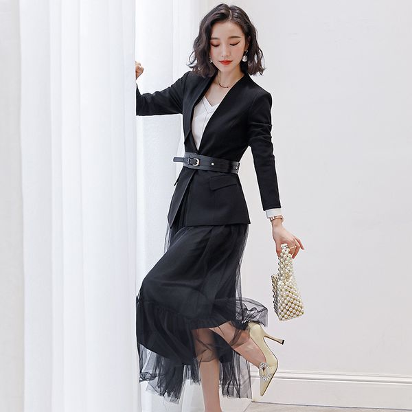 

blazer женщины 2020 весной и осенью новые популярные чистая платье длинные юбки черный профессиональный костюм украшения для похудения рабоч, White;black