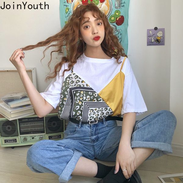 

joinyouth fake two pieces fashion t shirt women short sleeve o neck student casual t-shirt 2020 summer chic ropa mujer j413, White