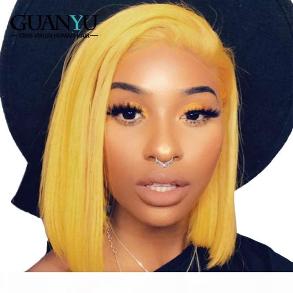 

yellow lace front wig colored short bob for women glueless straight peruvian virgin human hair full lace wigs with baby hair, Black;brown