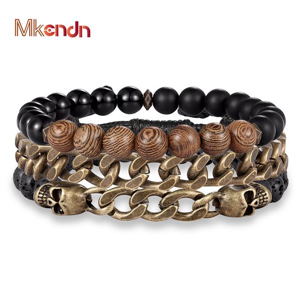 

mkendn mix 3pcs/ set skull natural stone bracelets for men women pave cz ball vintage wooden beads wristbands punk bracelets, Golden;silver
