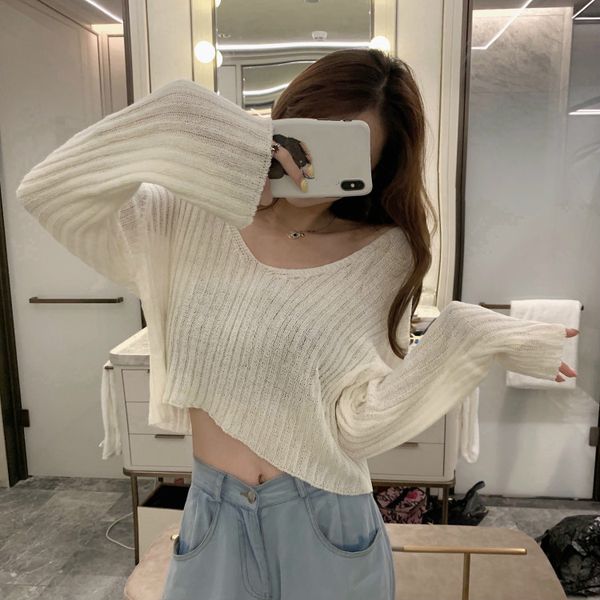 

thin knitted women's clothing new spring fall solid color v-neck fashion brand long sleeve crop sweaters pullovers sale, White;black