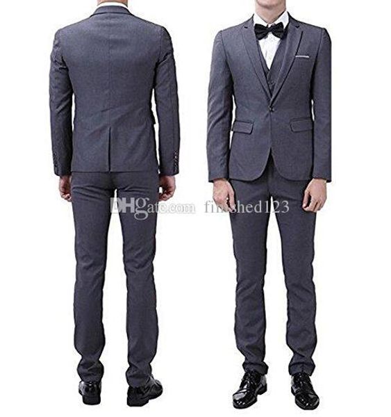 Neue beliebte One Button Dunkelgrau Bräutigam Smoking Kerbe Revers Männer Anzüge Hochzeit/Abschlussball/Abendessen Trauzeuge Blazer (Jacke + Hose + Weste + Krawatte) W227