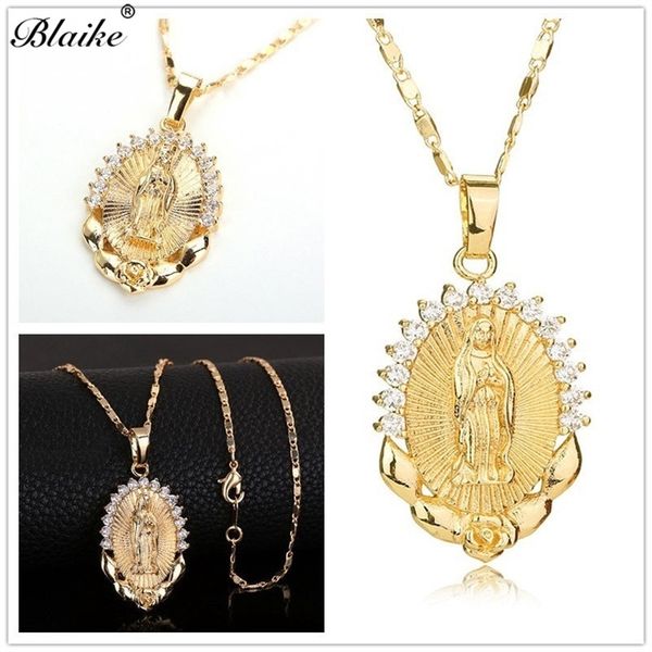 

blaike plated blessed catholic virgin mary pendant necklace fashion zircon retro rose pattern oval religion prayer necklace, Silver