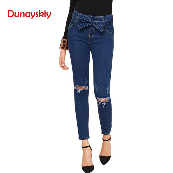 

women denim jeans 2019 new style hole pencil pants slim fit stretch elastic bow strap decor jeans high waist, Blue