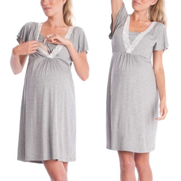 

summer women short sleeve lace tunic pajamas sleepwear cotton nightgown loose grey maternity pregnant lounge, White