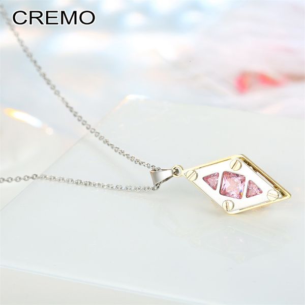 

cremo personalized geometric 3d crystal rhombic pendant necklace stainless steel chain necklace for women party accessories, Silver