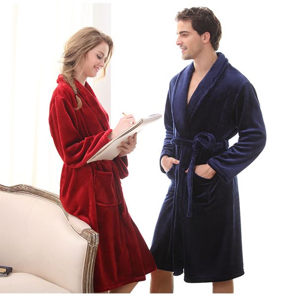 

luxury men women winter long warm bathrobe super soft flannel bath robe mens coral fleece kimono robes male lounge dressing gown, Black;brown