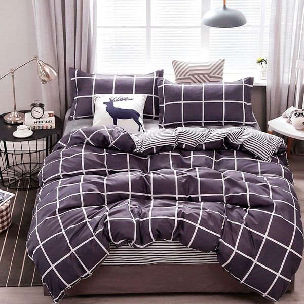 

fashionable and contracted gray checked bedding set soft and comfortable quilt cover bed sheet pillowcase bed cover