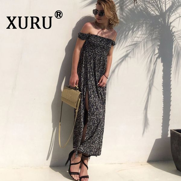 

xuru summer women's new floral dress print wrapped chest word shoulder split long dress seaside holiday beach, Black;gray