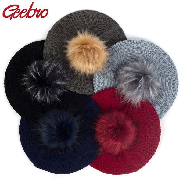 

winter autumn women fashion hats with faux fur pom pom slouchy knitted french artist berets girls solid color hairball caps, Blue;gray