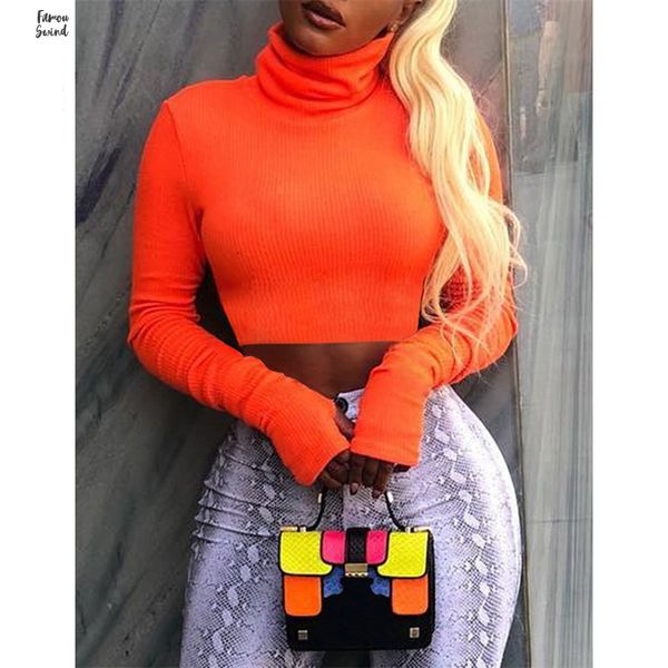 

neon shirt turtleneck crop long sleeve women winter autumn slim street tshirt streetwear c70 i23, White