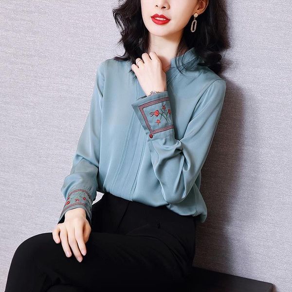 

spring fall 2020 flare long sleeve imitation silk blue blouse shirt for woman , womens embroidery vintage blouses, White