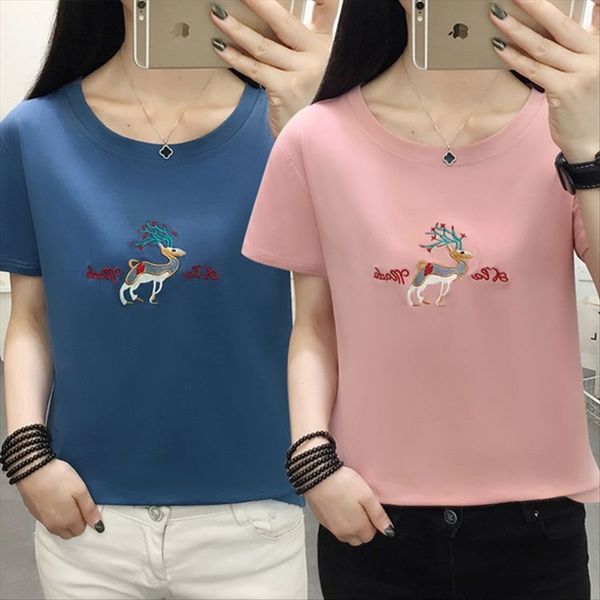 

women's t- embroidery t-shirt 2020 large size duan xiu women's base shirt embroidery fashion, White