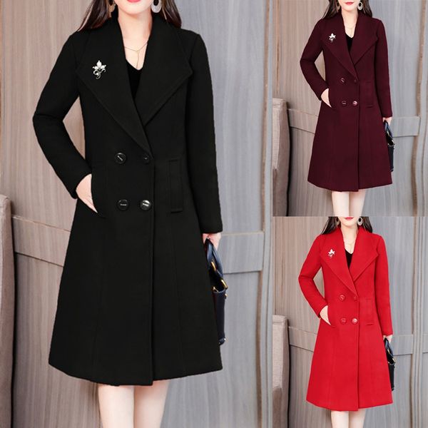 

casaco feminino wool coat women work solid vintage winter office long sleeve button woolen jacket winter coat women manteau, Black