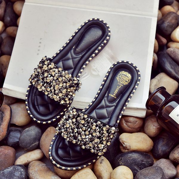 

2020 new maternity woman slippers female summer holiday beach flat non-slip flamingo beaded crystal sandals woman slipper, Black