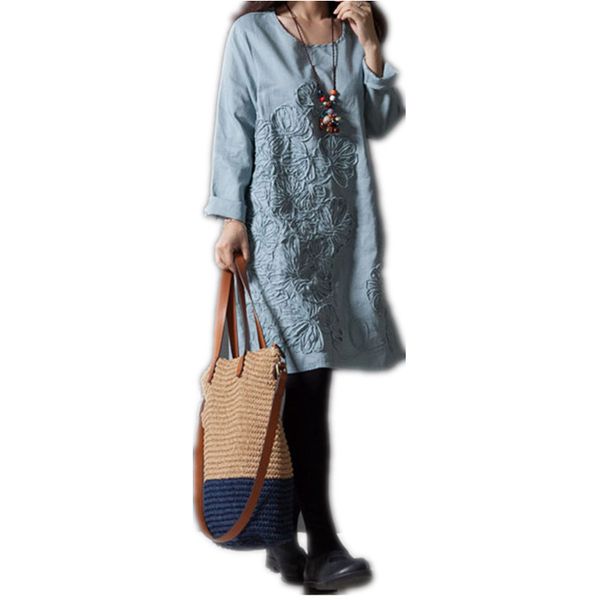 

Autumn Loose Linen Retro Women Dress 3xl Embroidered Print Dress Casual Oversize Long Sleeve Vestidos Size S-3XL