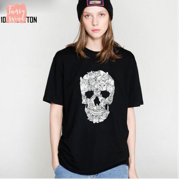 

100% хлопок черепа печати рубашки женщины тенниска женщины повседневная короткие рукава женщины футболка женский сыпучие лето футболка tee, White