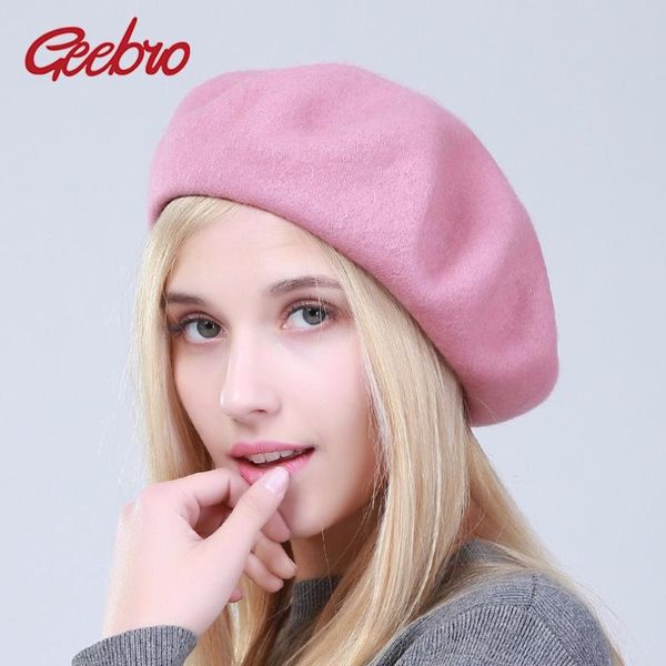 

geebro женская шляпа мода solid color warm wool пружинные береты женщины французского художника beanie hat берет для женщин dq102, Blue;gray