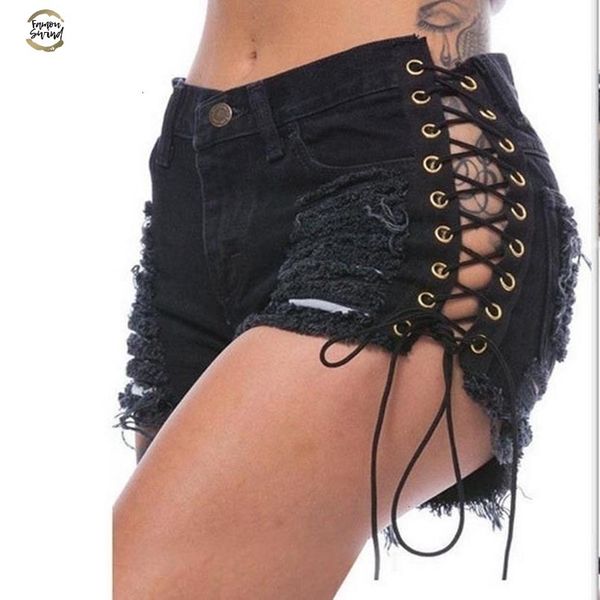 

ripped hole fringe black denim shorts women lace up casual pocket jeans shorts plus size summer shorts, White;black