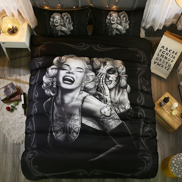 

3d marilyn monroe duvet cover set black skull bed linens 3d bedclothe home textile fashion bed set 2/ 3pcs